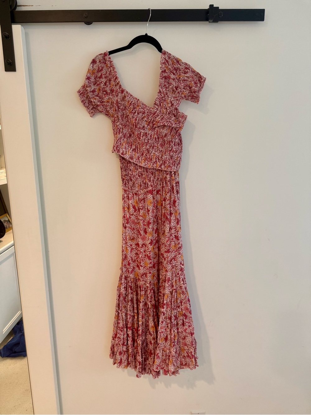 Poupette St Barth Pink Printed Smocked Ruffle Midi Dress Resort Vacation